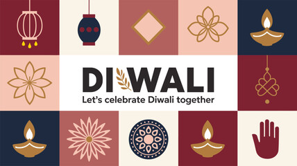 Festive diwali greeting card design with traditional oil lamps flowers and geometric patterns in a decorative grid layout festival celebration © Chayan