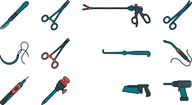 Set of various surgical instruments and medical tools for hospital operations and clinical procedures including scalpels scissors and specialized equipment for doctors and surgeons