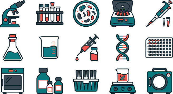 Set of colorful science and laboratory equipment icons featuring medical research tools like microscopes test tubes dna strands and flasks for chemistry and biology experimentation