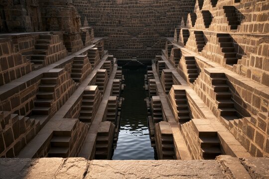 Ancient Indian stepwell: textured stone walls and precise stair geometry at Chand Baori, Rajasthan