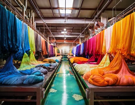 a textile dyeing factory with colorful fabrics being immersed in vibrant dyes