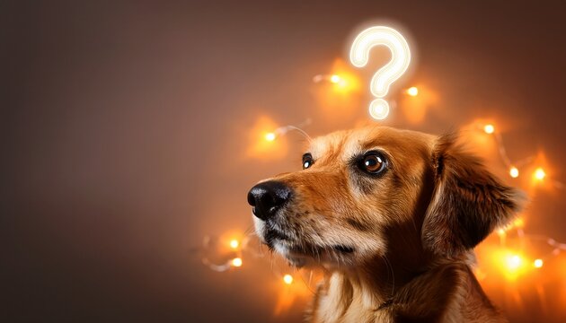 dog thinking with question mark lights above its head background with space for text