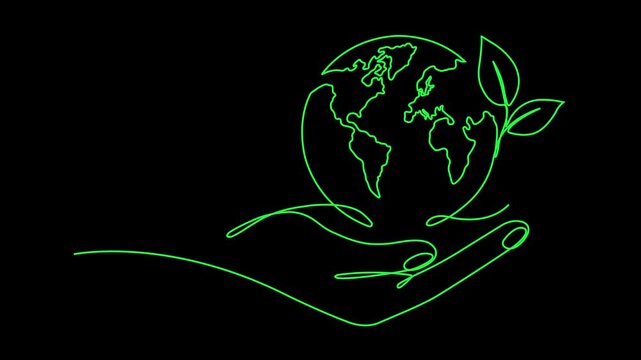 continuous one line hands holding Earth globe with leaves icon on black background. Linear world map with plant. Save Planet, environment protection, eco friendly world and sustainability concept.