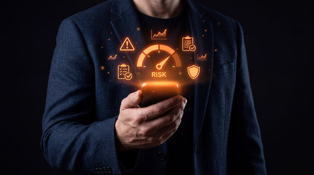 Businessman Using Phone with Performance Speed Gauge Icons