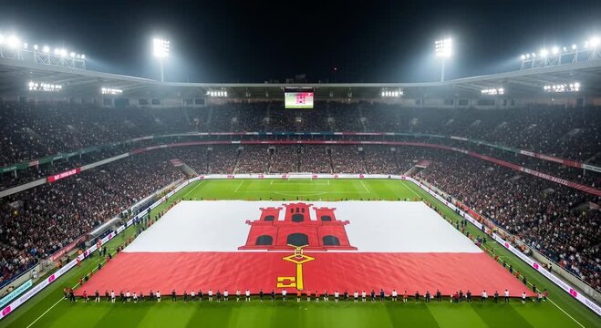An aerial wide shot shows a massive flag of Gibraltar covering the pitch in a crowded football stadium at night.