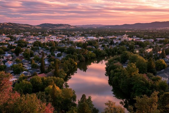 Golden Hour Sunset Over Danville: Serene Townscape with Riverside Reflections