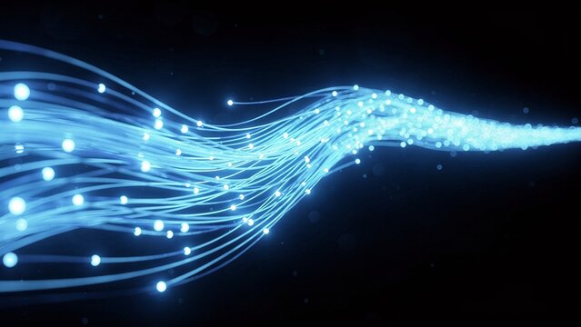 Glowing blue fiber optic lines representing high speed data transfer, futuristic digital communication infrastructure and network technology concept