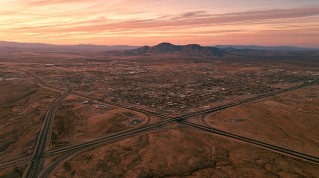Desert Cityscape at Dusk: Barstow Aerial View in Southern California