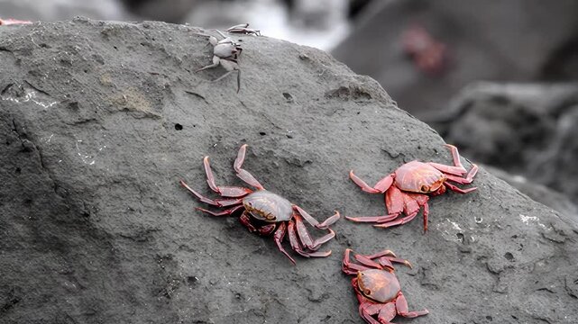 Marine life: Sally Lightfoot crabs scuttling across volcanic rocks near the ocean