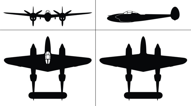 P-38 Lightning WWII Fighter Silhouette Views Vector Aircraft Technical Blueprint Diagram