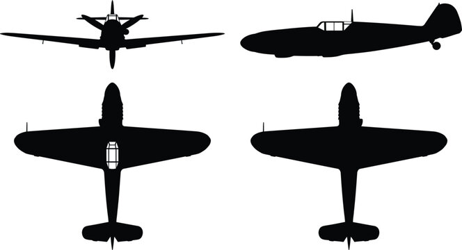 Messerschmitt Bf 109 WWII Fighter Plane Silhouette Views Vector Aircraft Technical Blueprint Diagram