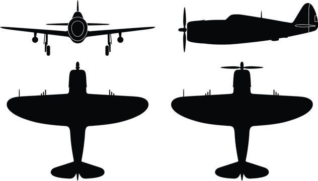 P-47 Thunderbolt WWII Heavy Fighter Silhouette Views Vector Aircraft Technical Blueprint Diagram