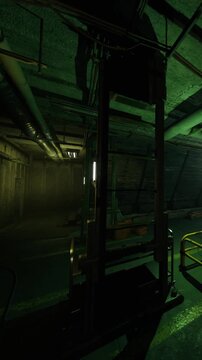 A dimly lit underground space shows pipes and structures. The walls are dark, and a slight haze can be seen. Light focuses on one area, creating a mysterious environment at night.