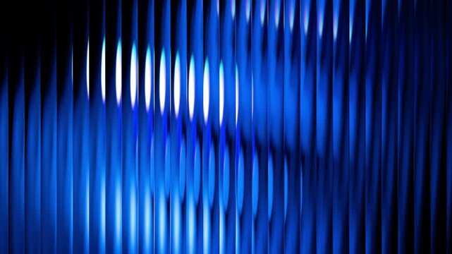 Blue abstract video loop with dark vertical ribbed glass pattern and glowing neon cyan light effect. Dark blue abstract background loop featuring textured vertical lines and translucent ribbed glass
