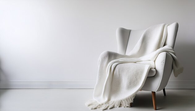 a soft white throw blanket draped over a white armchair against a plain white background cozy and inviting scene suitable for home decor and lifestyle imagery