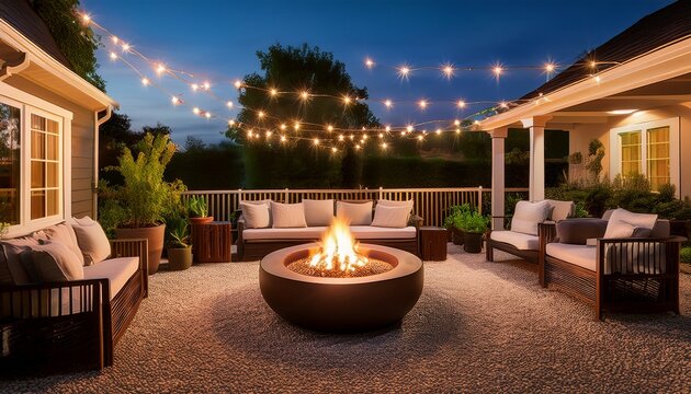 a cozy backyard fire pit glows beneath string lights in a landscaped outdoor seating area warm ambiance home entertaining and outdoor living define the evening lifestyle scene