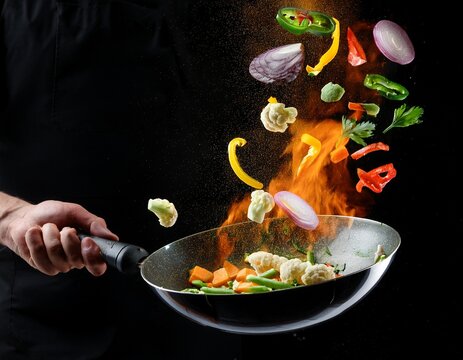 freeze motion of wok pan with flying ingredients in the air and fire flames closeup of chef throwing vegetable mix from wok pan in fire fresh asian food preparation on dark background