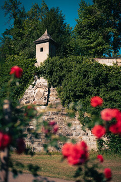 Historische Stadtmauer mit barockem Wachturm und Wappen hinter Rosen im Stadtpark Forchheim