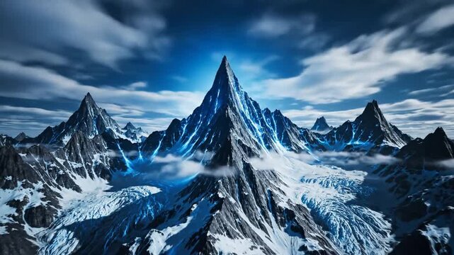 Icy Peaks and Dramatic Skies: Jagged, snow-capped mountain peaks pierce a dramatic sky filled with swirling clouds, under a deep blue expanse, creating a scene of majestic, frozen beauty.