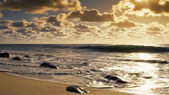 Ocean Sunset Serenity: Waves gently lap a sandy shore dotted with rocks as the sun dips below the horizon, casting a warm, golden glow across the sky and clouds.