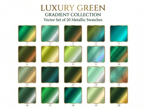 Luxury green metallic swatches, gradient collection, vector set, 20 colors