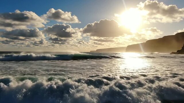 Coastal Serenity: Dramatic waves crash against rugged cliffs under a sun-drenched sky, with clouds casting dynamic shadows across the vast ocean, evoking a sense of raw, natural power and beauty.