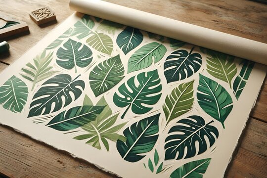 Background Botanical Home Wall Decor Art Print Wrapping Paper with Overlapping Tropical Havana Jungle Monstera Leaf Plant Species Painted Silhouettes. Various Deep Green Shades. Graphic Design Project