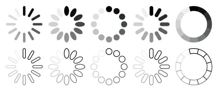 Collection of modern loading spinner icons with circular progress indicators in grayscale for user interface design, mobile applications, websites, dashboards, software, vector inspired graphics set