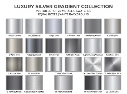 Luxury silver gradient swatches, metallic color samples, vector set, equal boxes