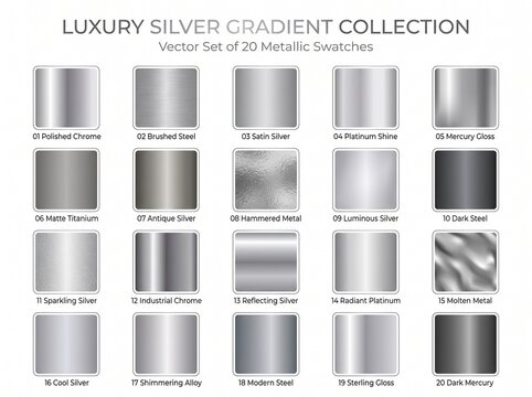 Luxury silver gradient metallic swatches, vector set, 20 metallic colors, gradient collection