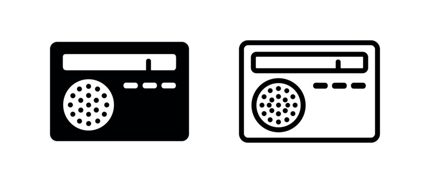 Radio icon vector, broadcast or music tuner symbol. Full and outline versions for sound and news media.