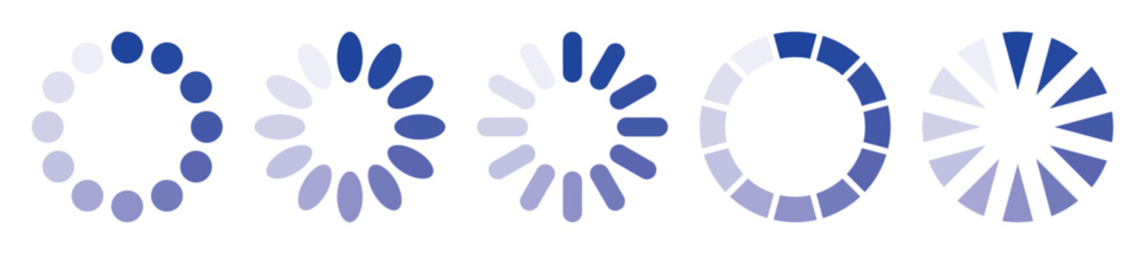 Creative set of blue gradient loading animations combines dotted, segmented and radial progress indicators for modern user interface design, websites, mobile applications and software systems