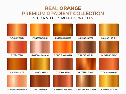 Orange metallic gradient swatches, premium color palette, 20 vector swatches, REAL ORANGE PREMIUM GRADIENT COLLECTION
