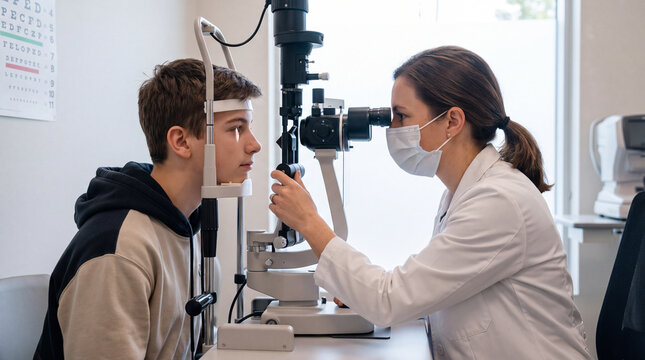 Optometrist examines young patient eyes with slit lamp in clinic