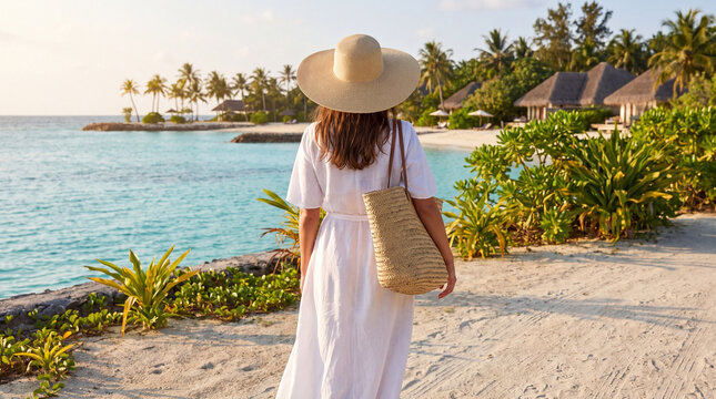 Woman wearing sun hat and white dress walking on island beach