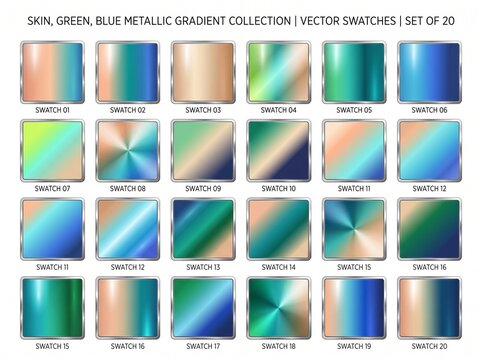 Metallic gradient swatches, green blue skin tones, vector collection, 20 swatch set