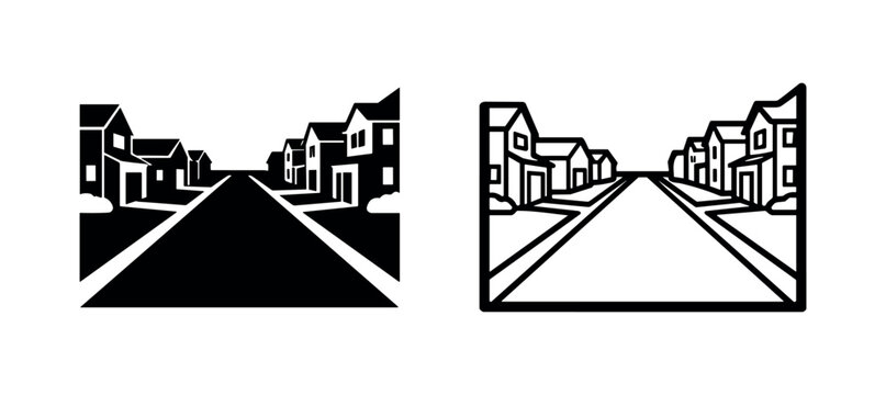 Suburban street with houses in perspective, symbolizing neighborhood, community, and home.