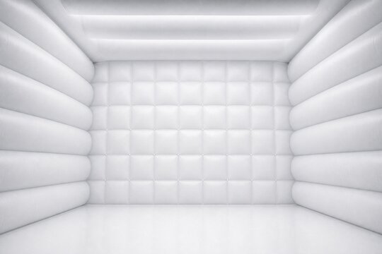 Padded cell in a mental health hospital with soft white quilted walls and a clean floor designed for patient safety and confinement