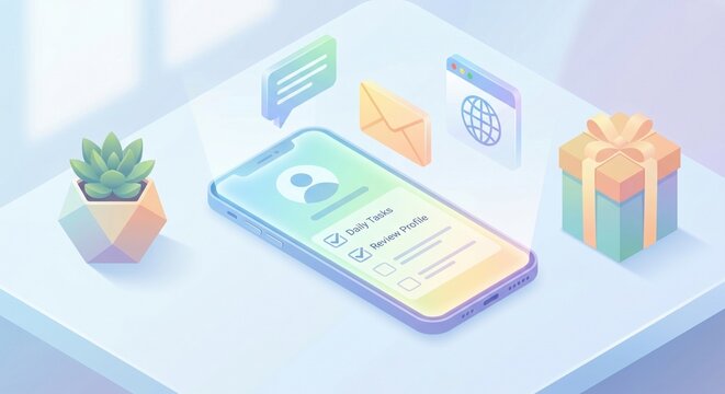 Isometric smartphone displaying user profile and task list with floating digital icons representing communication, web browsing, and gift rewards on a modern desk