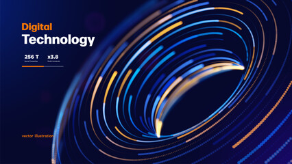 Fototapeta na wymiar Digital Technology Futuristic Neon Background With Abstract Torus Geometric Shape Vibrant Data Streams And Modern Tech Style. Digital Backgrounds. Vector Illustration.