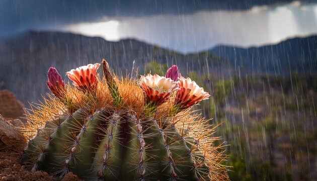 blooming cactus flower captured during a rare desert rainstorm with dramatic lighting