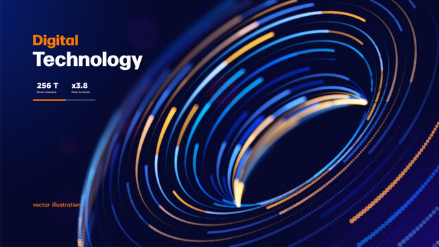 Digital Technology Futuristic Neon Background With Abstract Torus Geometric Shape Vibrant Data Streams And Modern Tech Style. Digital Backgrounds. Vector Illustration.