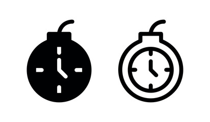 Time bomb icon set, black and outline silhouette of round bomb with clock and fuse, emergency and danger concept. © liubomir118809
