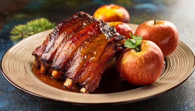 fruits in savory dishes baked pork ribs with sticky apple cider glaze and rich texture on plate