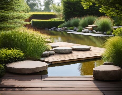 garden water stone path pond grass deck outdoor landscape smooth stepping stone beside calm pond water deck seating serene backyard design