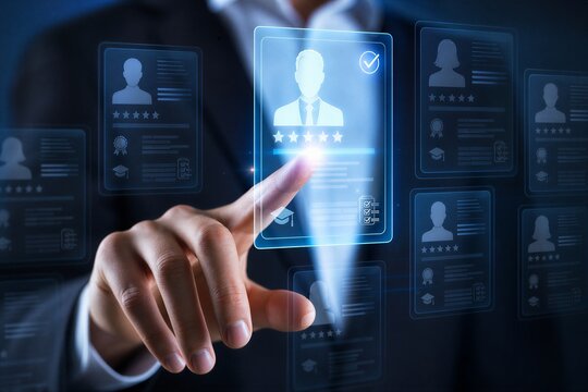 HR Manager utilizing AI screening for virtual candidate profiles in digital recruitment. Talent acquisition and data management for professional career development.