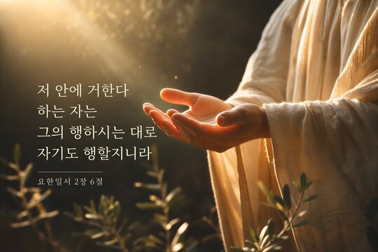 Korean Scripture from First John 2:6, Emphasizing Righteous Living and Discipleship in a Serene Natural Setting.