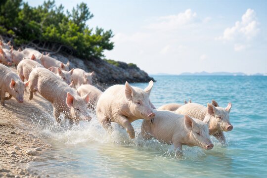 Herd of Feral Pigs Descending a Grassy Hillside Towards the Serene Sea, Captured with Calm Motion Blur.