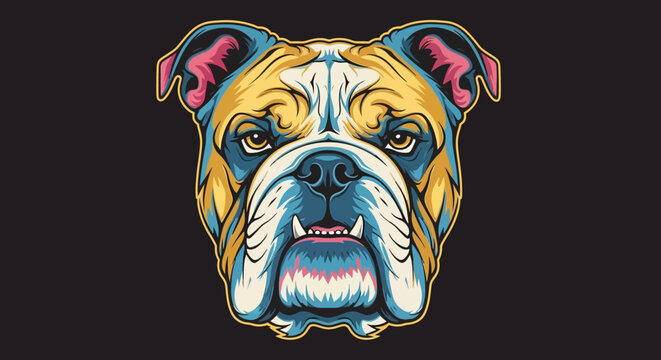 A colorful illustration of a grumpy dog head on black background