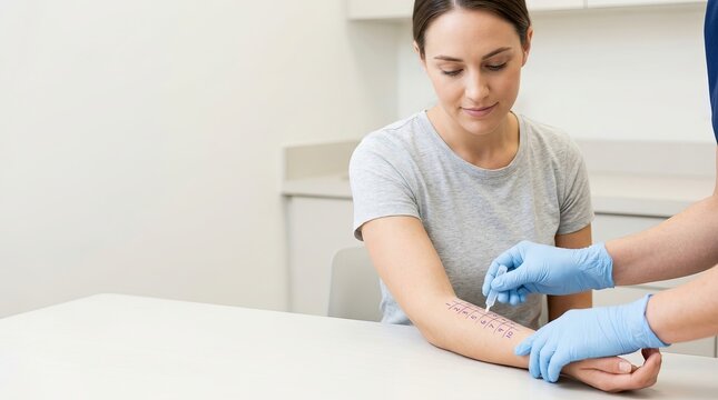 Woman undergoing an allergy skin prick test in a clinic. Doctor in blue gloves performing immunological diagnosis on patient's arm